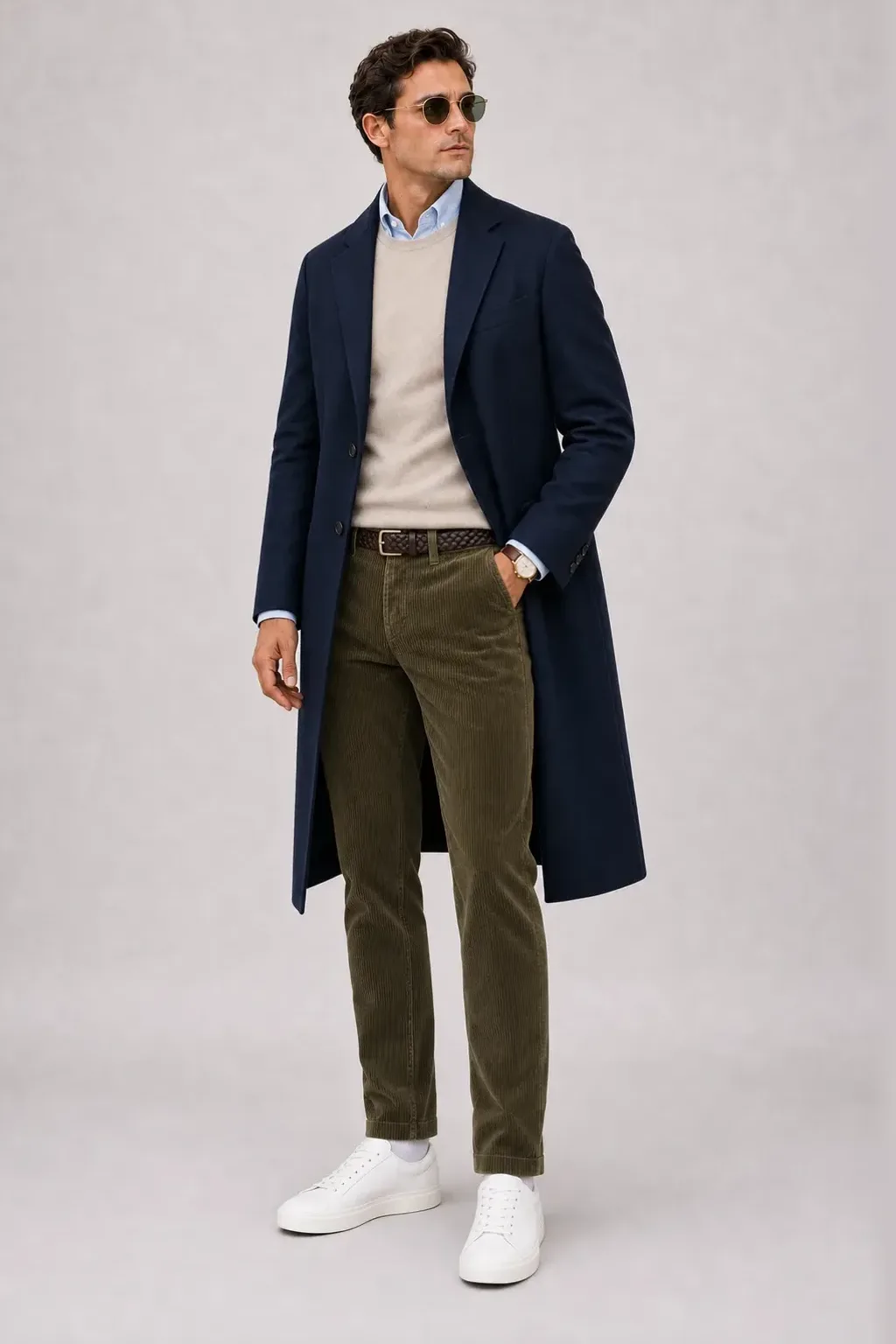 Langer Mantel Navy über Crewneck-Pullover Feinstrick Beige und Button-Down-Hemd Weiss, dazu Cordhose Oliv und Sneaker — Button-Down-Hemd Hellblau