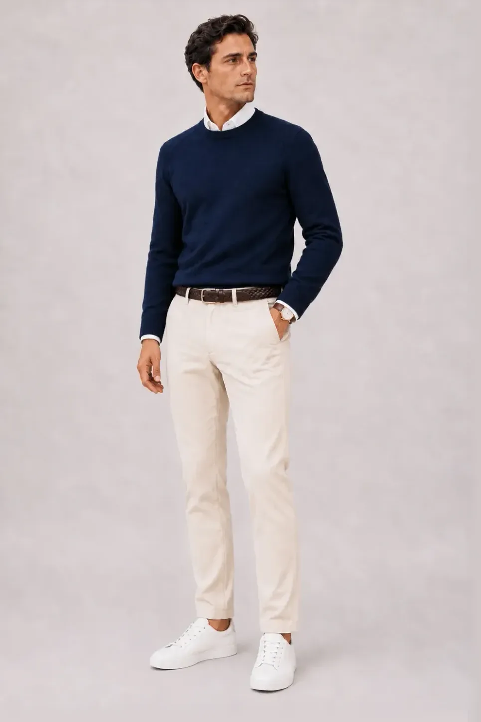 Crewneck-Pullover Feinstrick Navy über Button-Down-Hemd, dazu Chino Creme und Sneaker