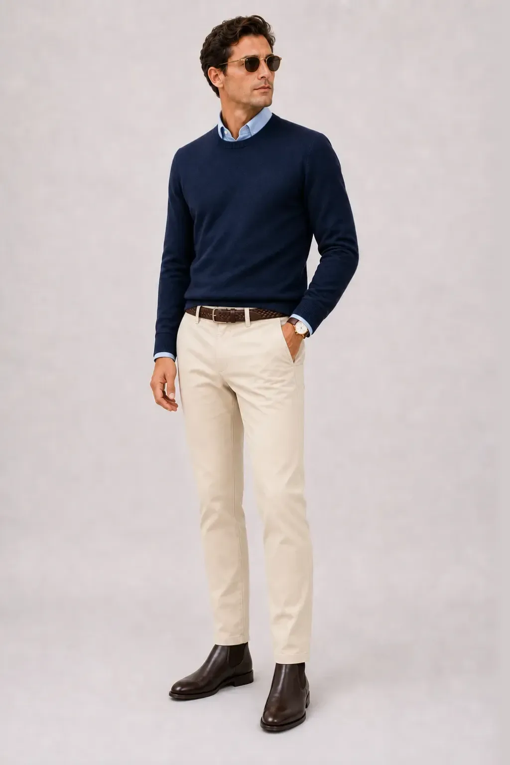 Crewneck-Pullover Feinstrick Navy über Button-Down-Hemd, dazu Chino Creme und Sneaker — Button-Down-Hemd Hellblau