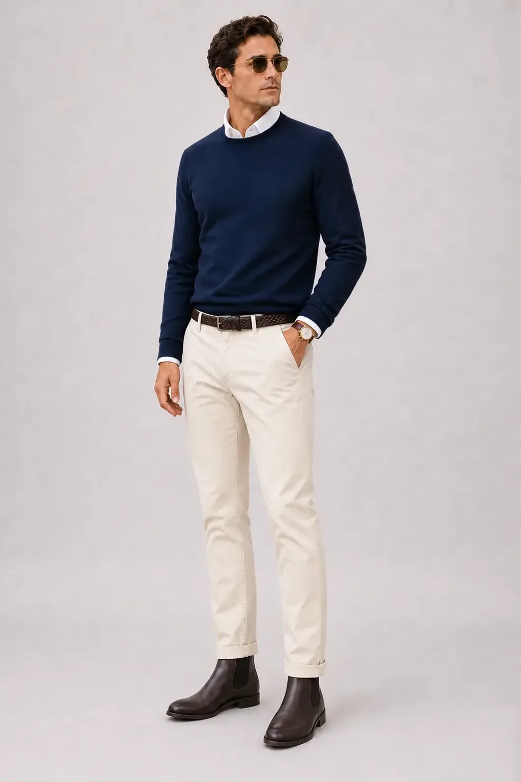 Crewneck-Pullover Feinstrick Navy über Button-Down-Hemd, dazu Chino Creme und Sneaker