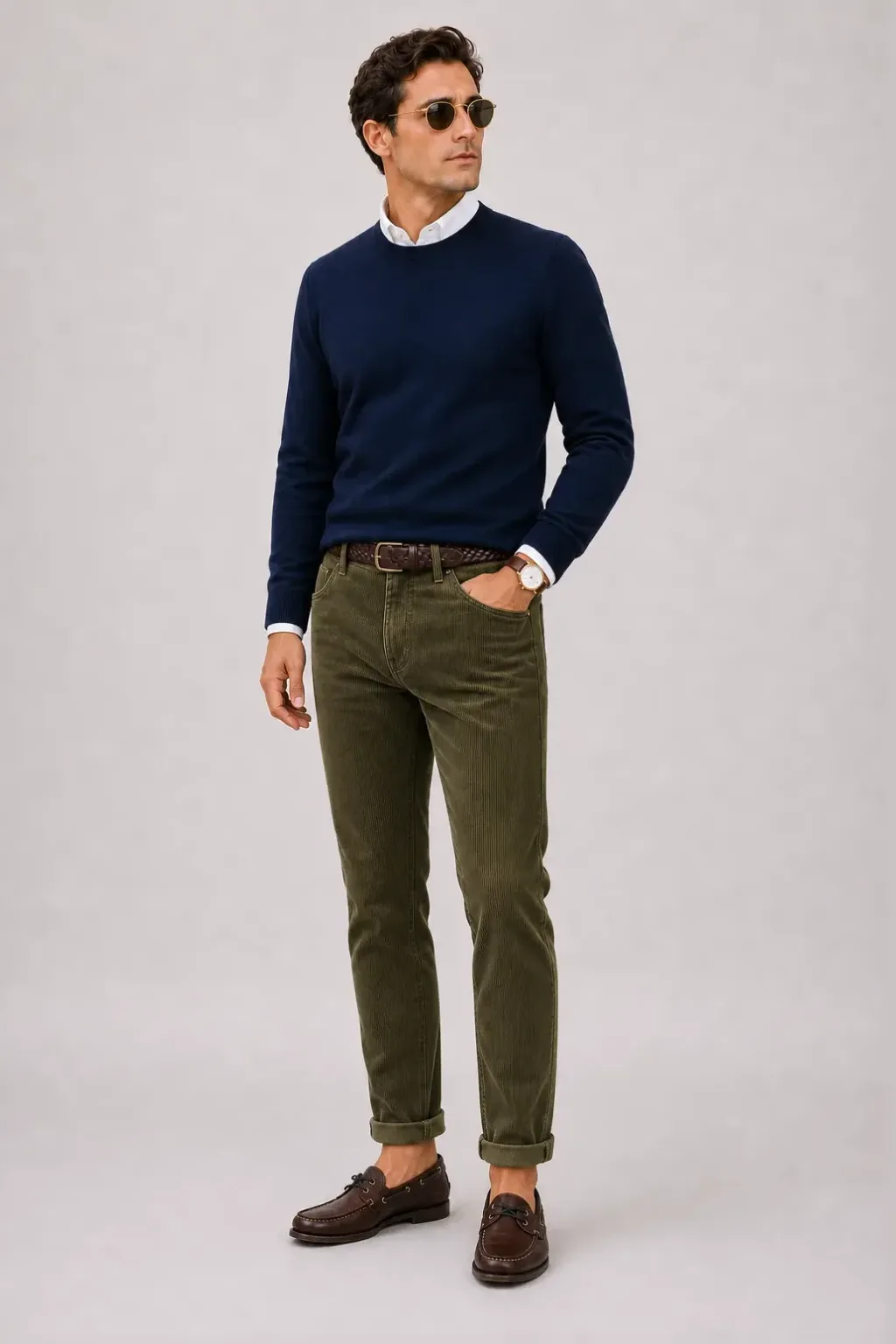 Crewneck-Pullover Feinstrick Navy über Button-Down-Hemd, dazu Cordhose Oliv und Bootsschuh