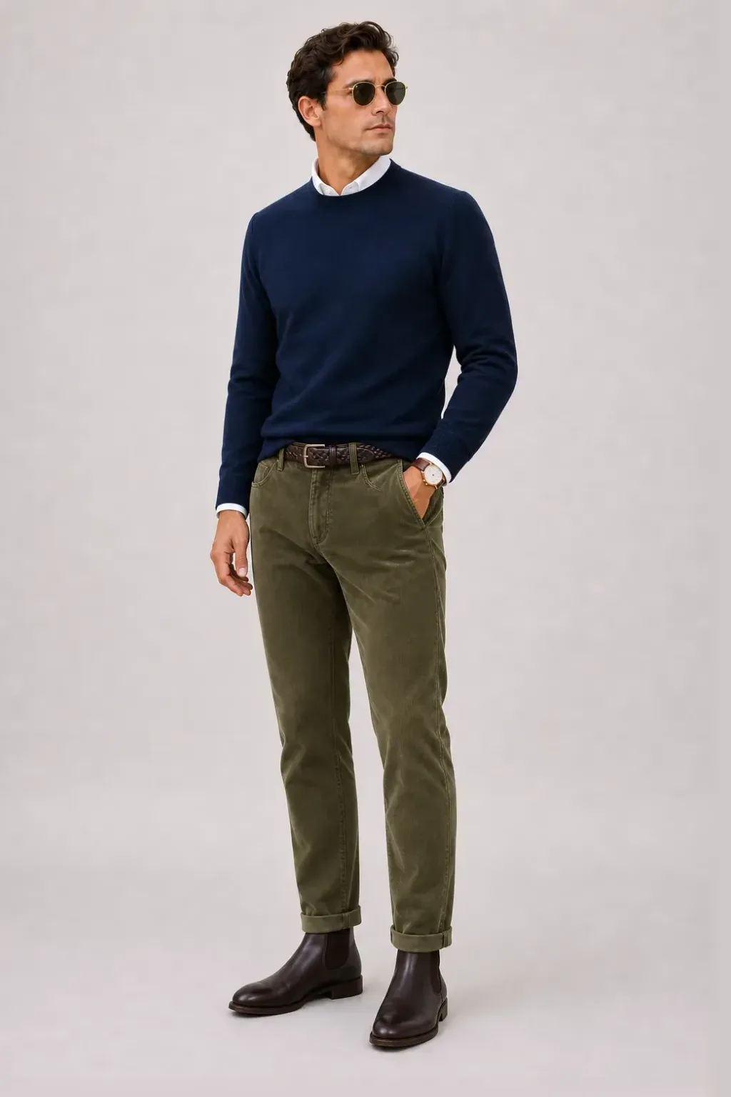 Crewneck-Pullover Feinstrick Navy über Button-Down-Hemd, dazu Cordhose Oliv und Bootsschuh
