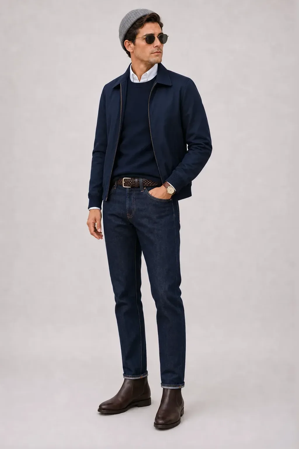 Harrington Blouson Navy über T-Shirt, dazu Jeans Navy und Chelsea Boot — Crewneck-Pullover Feinstrick Navy
