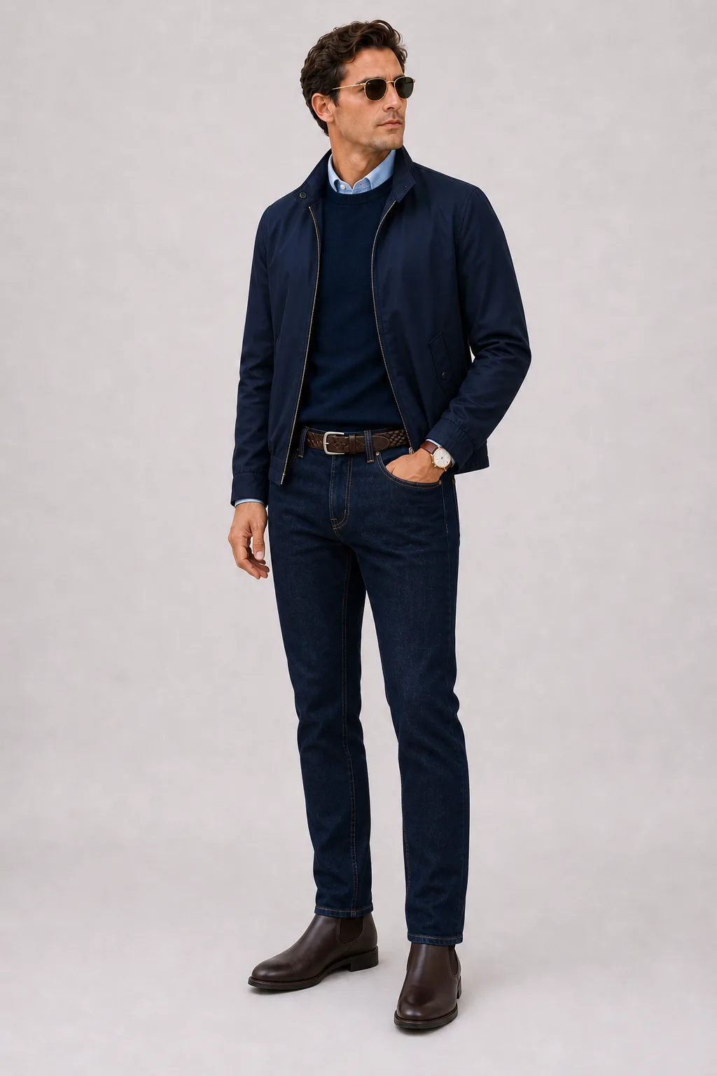 Harrington Blouson Navy über Crewneck-Pullover Feinstrick Navy und Button-Down-Hemd Weiss, dazu Jeans Navy und Chelsea Boot — Button-Down-Hemd Hellblau