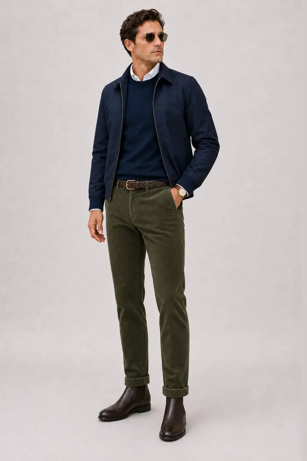 Harrington Blouson Navy über Crewneck-Pullover Feinstrick Navy und Button-Down-Hemd Weiss, dazu Cordhose Oliv und Chelsea Boot