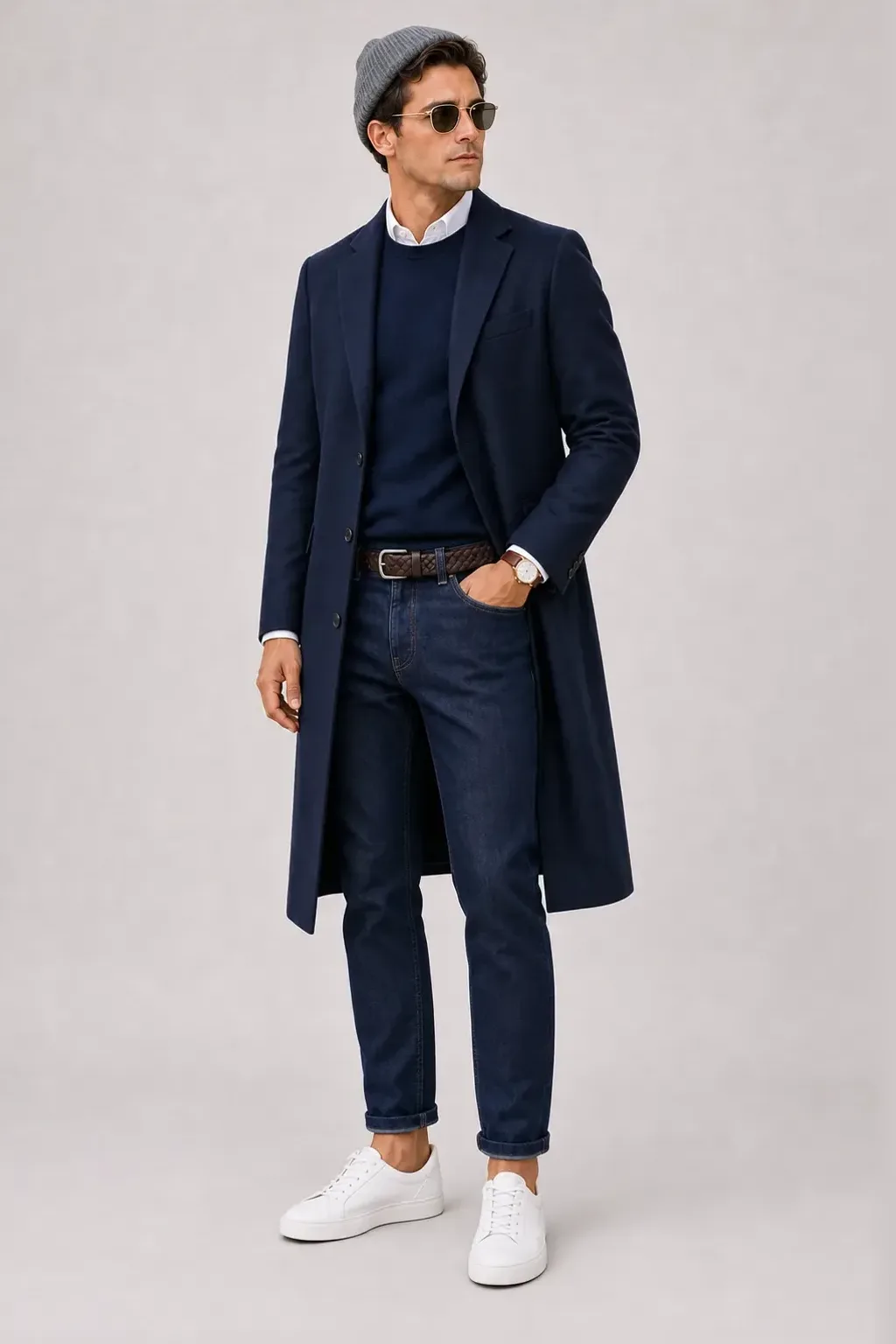 Langer Mantel Navy über Crewneck-Pullover Feinstrick Navy und Button-Down-Hemd Weiss, dazu Jeans Navy und Sneaker
