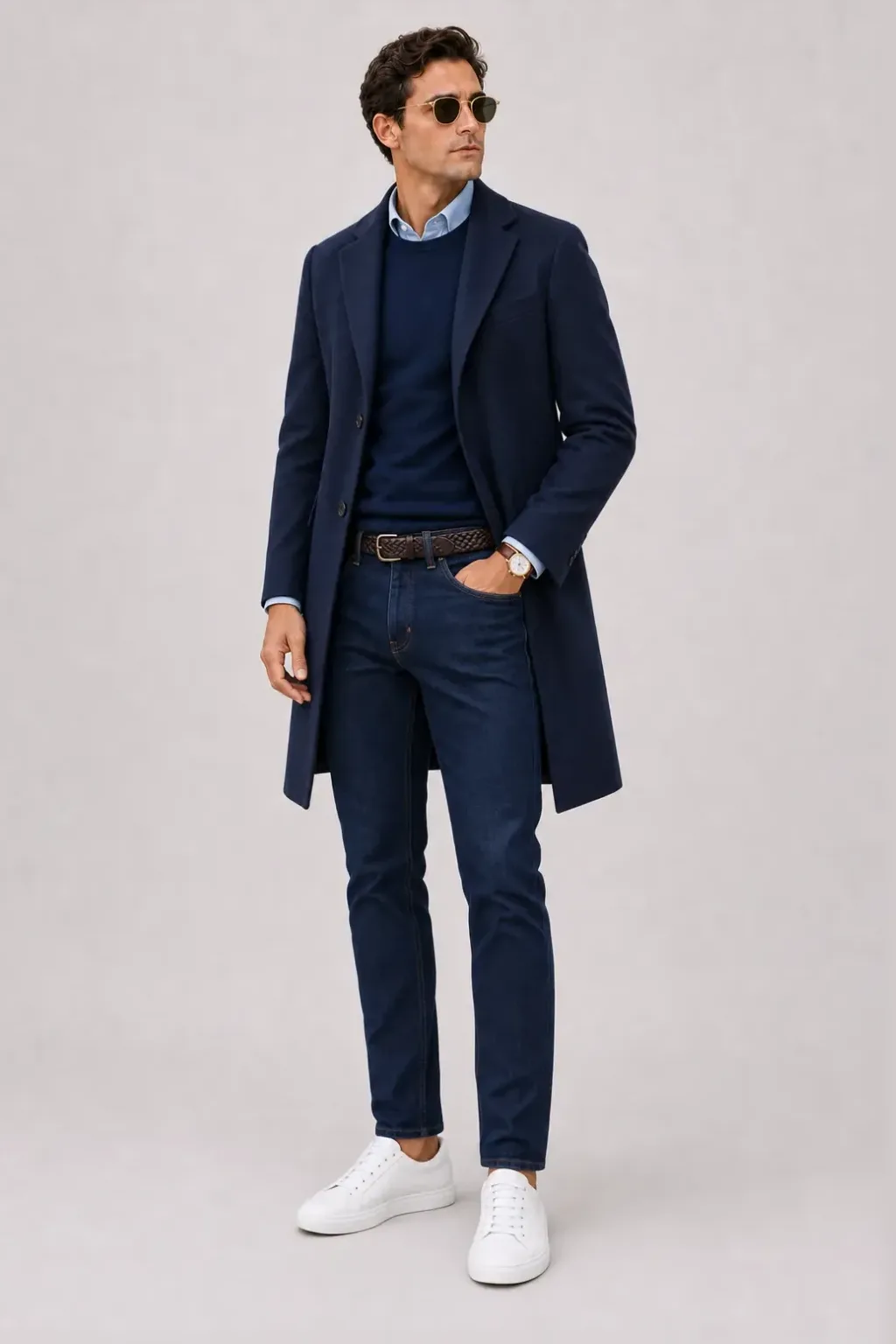 Langer Mantel Navy über Crewneck-Pullover Feinstrick Navy und Button-Down-Hemd Weiss, dazu Jeans Navy und Sneaker — Button-Down-Hemd Hellblau