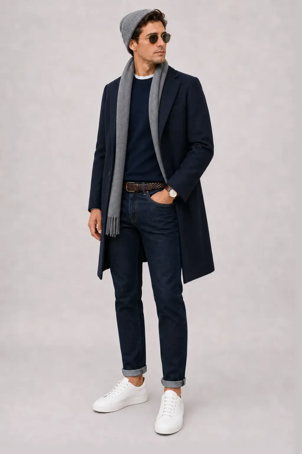 Langer Mantel Navy über Crewneck-Pullover Feinstrick Navy und Button-Down-Hemd Weiss, dazu Jeans Navy und Sneaker