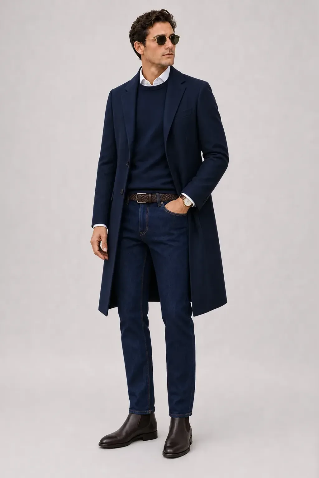 Langer Mantel Navy über Crewneck-Pullover Feinstrick Navy und Button-Down-Hemd Weiss, dazu Jeans Navy und Sneaker