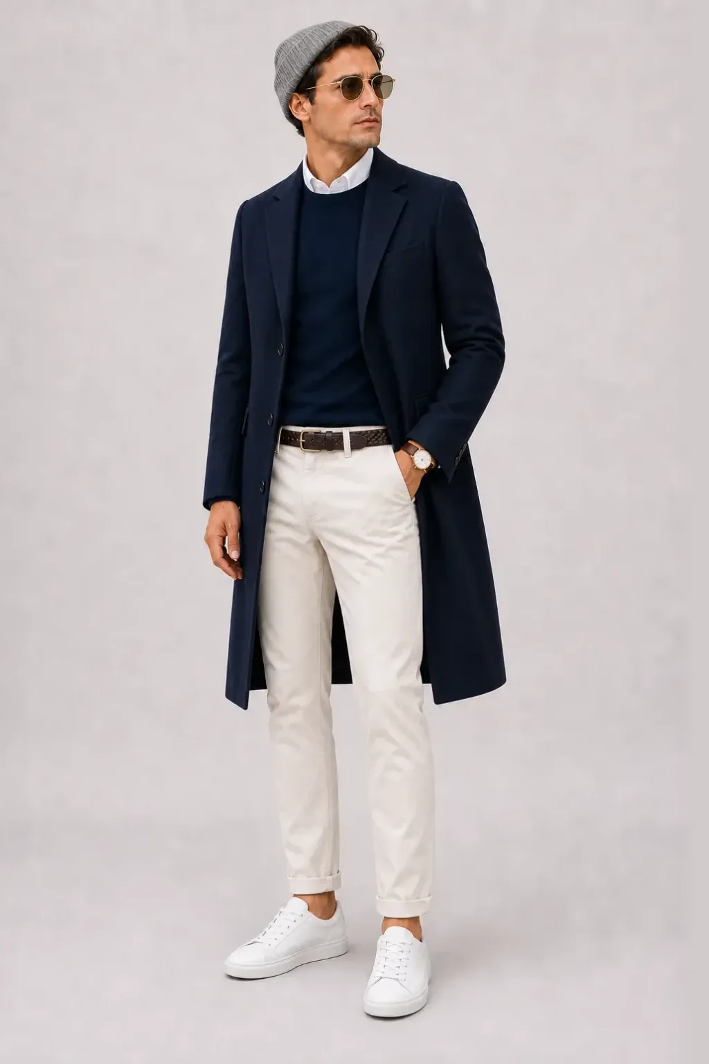 Langer Mantel Navy über Crewneck-Pullover Feinstrick Navy und Button-Down-Hemd Weiss, dazu Chino Creme und Sneaker