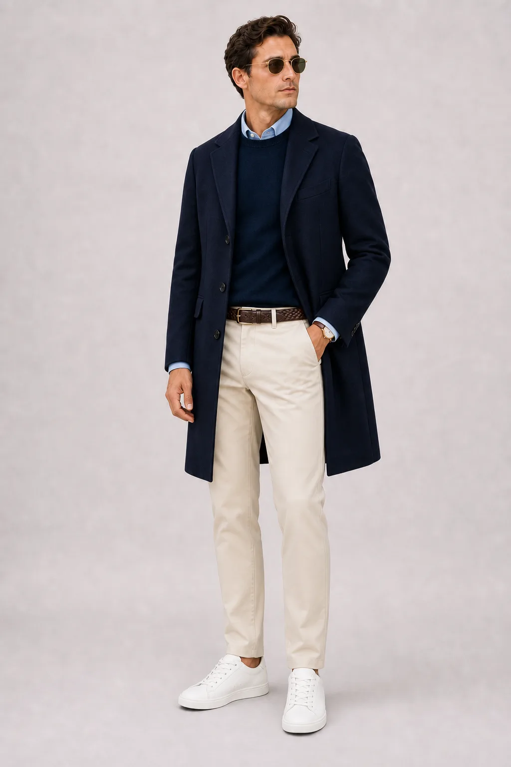Langer Mantel Navy über Crewneck-Pullover Feinstrick Navy und Button-Down-Hemd Weiss, dazu Chino Creme und Sneaker — Button-Down-Hemd Hellblau