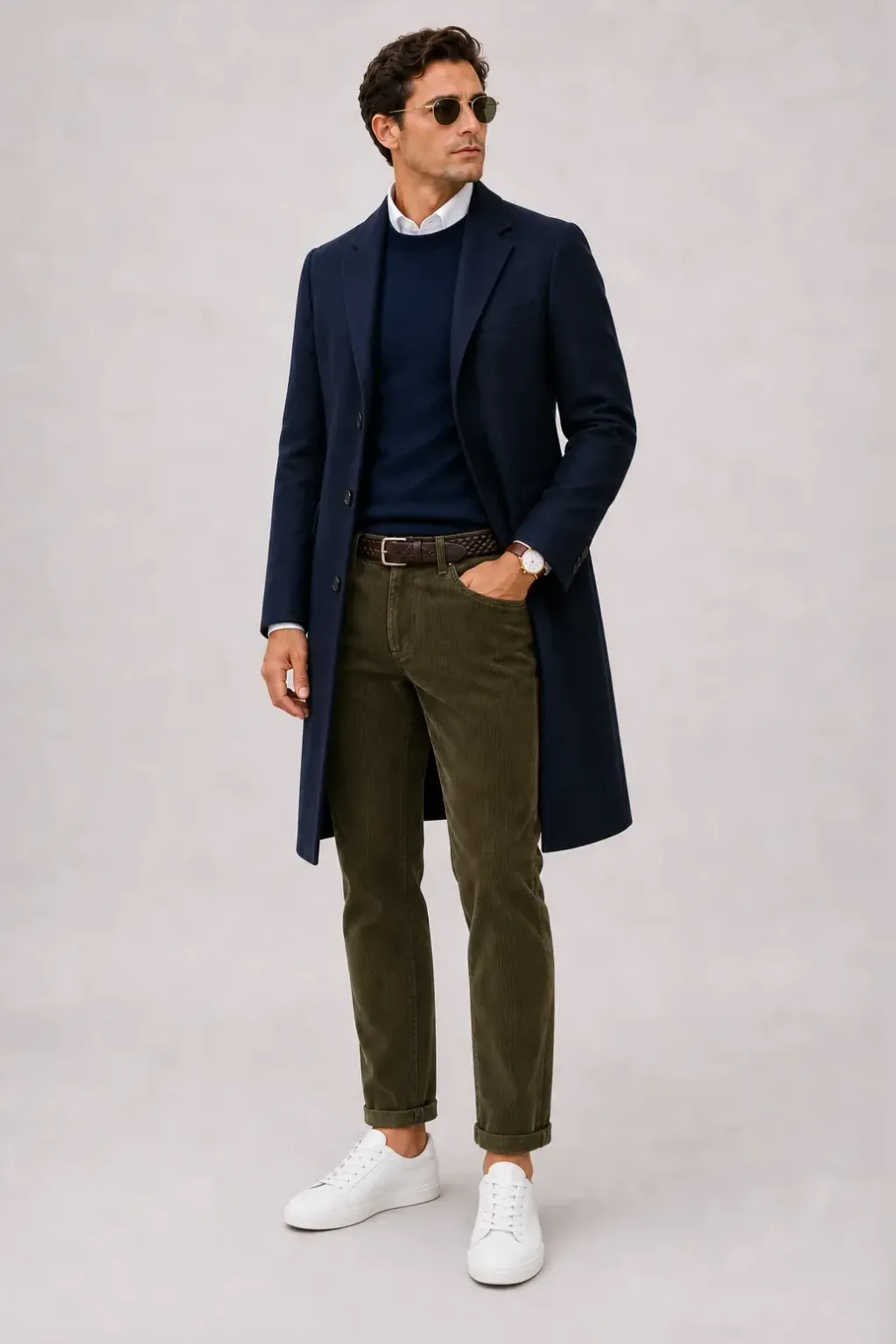 Langer Mantel Navy über Crewneck-Pullover Feinstrick Navy und Button-Down-Hemd Weiss, dazu Cordhose Oliv und Sneaker