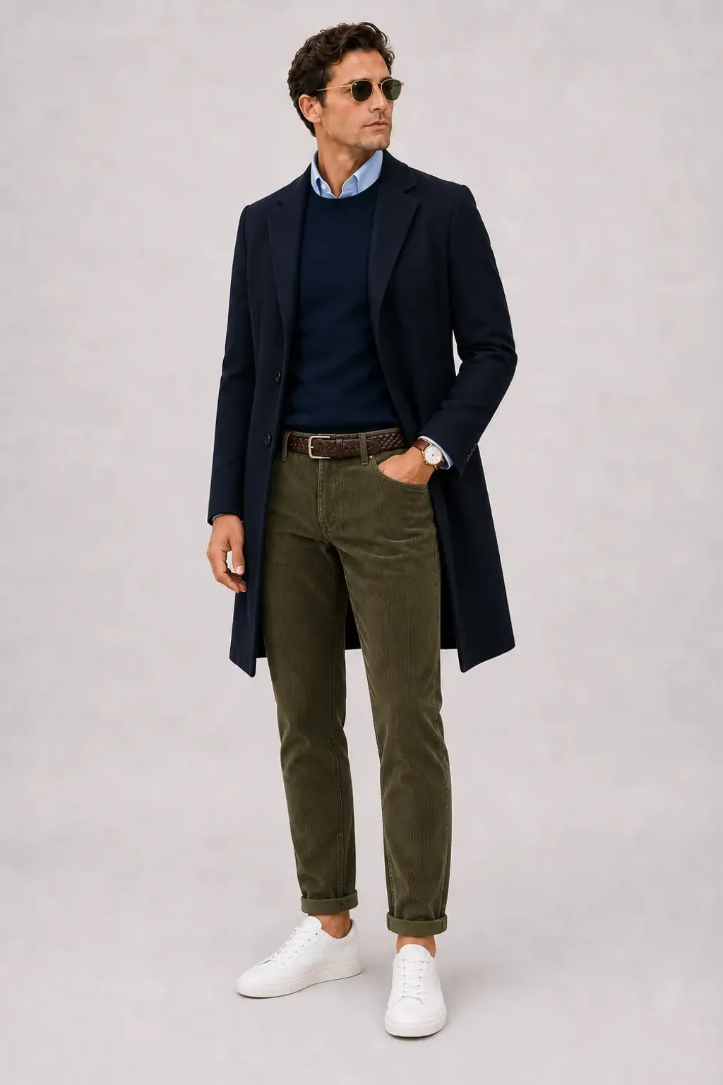 Langer Mantel Navy über Crewneck-Pullover Feinstrick Navy und Button-Down-Hemd Weiss, dazu Cordhose Oliv und Sneaker — Button-Down-Hemd Hellblau