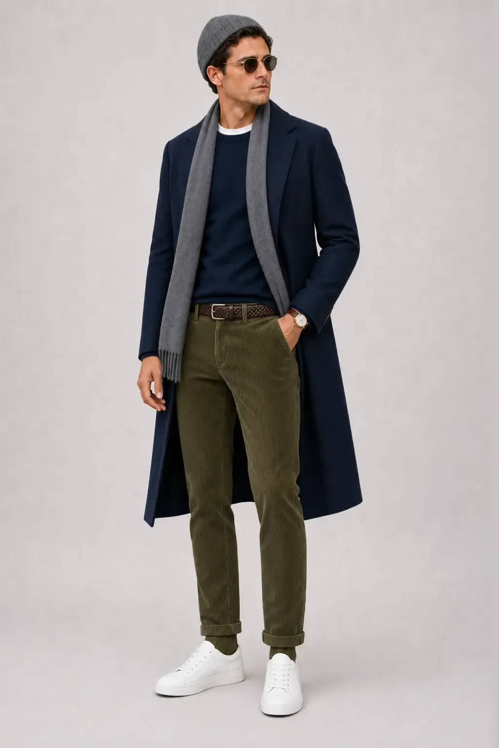 Langer Mantel Navy über Crewneck-Pullover Feinstrick Navy und Button-Down-Hemd Weiss, dazu Cordhose Oliv und Sneaker — T-Shirt Weiss