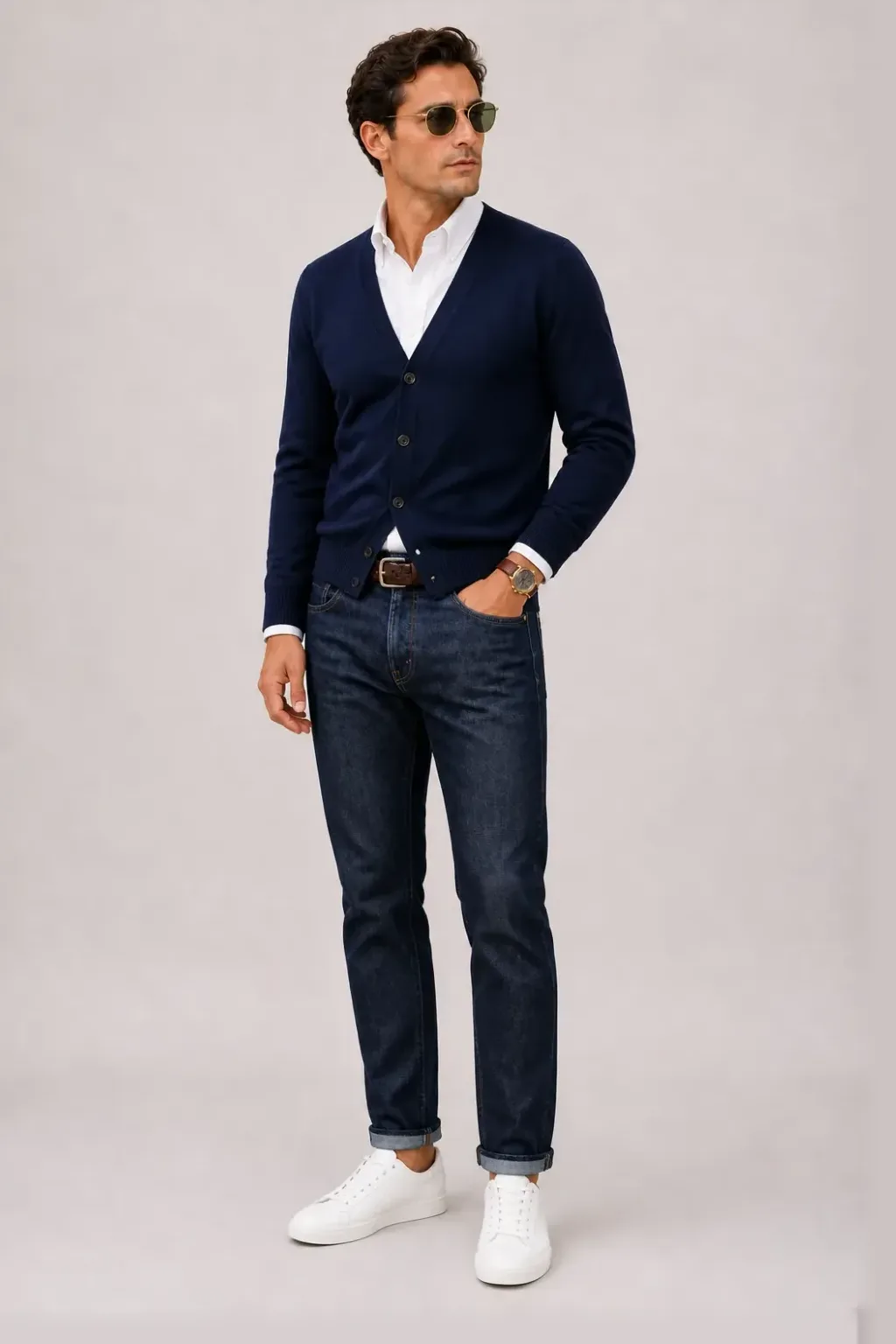 Cardigan Navy über Button-Down-Hemd, dazu Jeans Navy und Sneaker