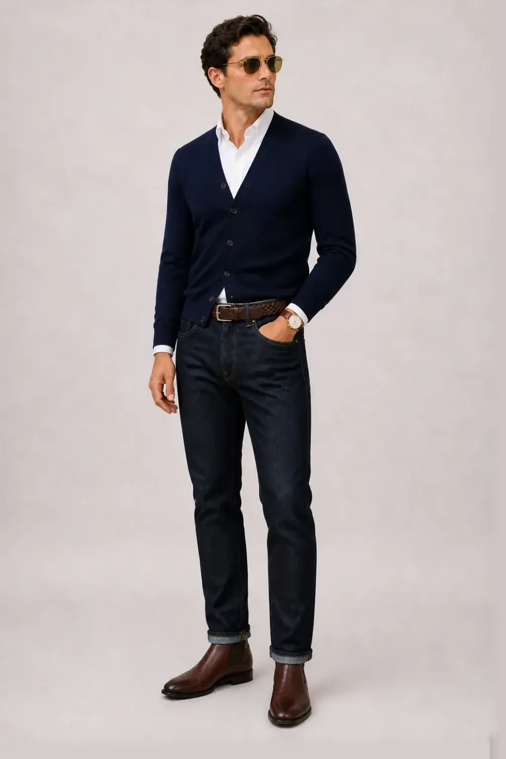 Cardigan Navy über Button-Down-Hemd, dazu Jeans Navy und Sneaker