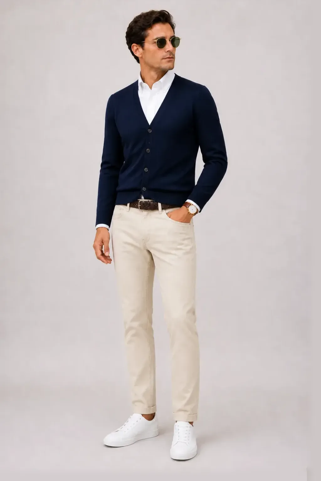 Cardigan Navy über Button-Down-Hemd, dazu Chino Creme und Sneaker