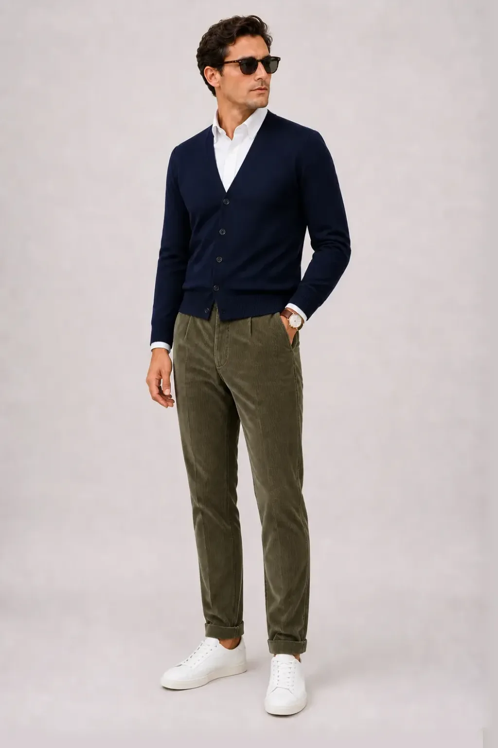 Cardigan Navy über Button-Down-Hemd, dazu Cordhose Oliv und Sneaker