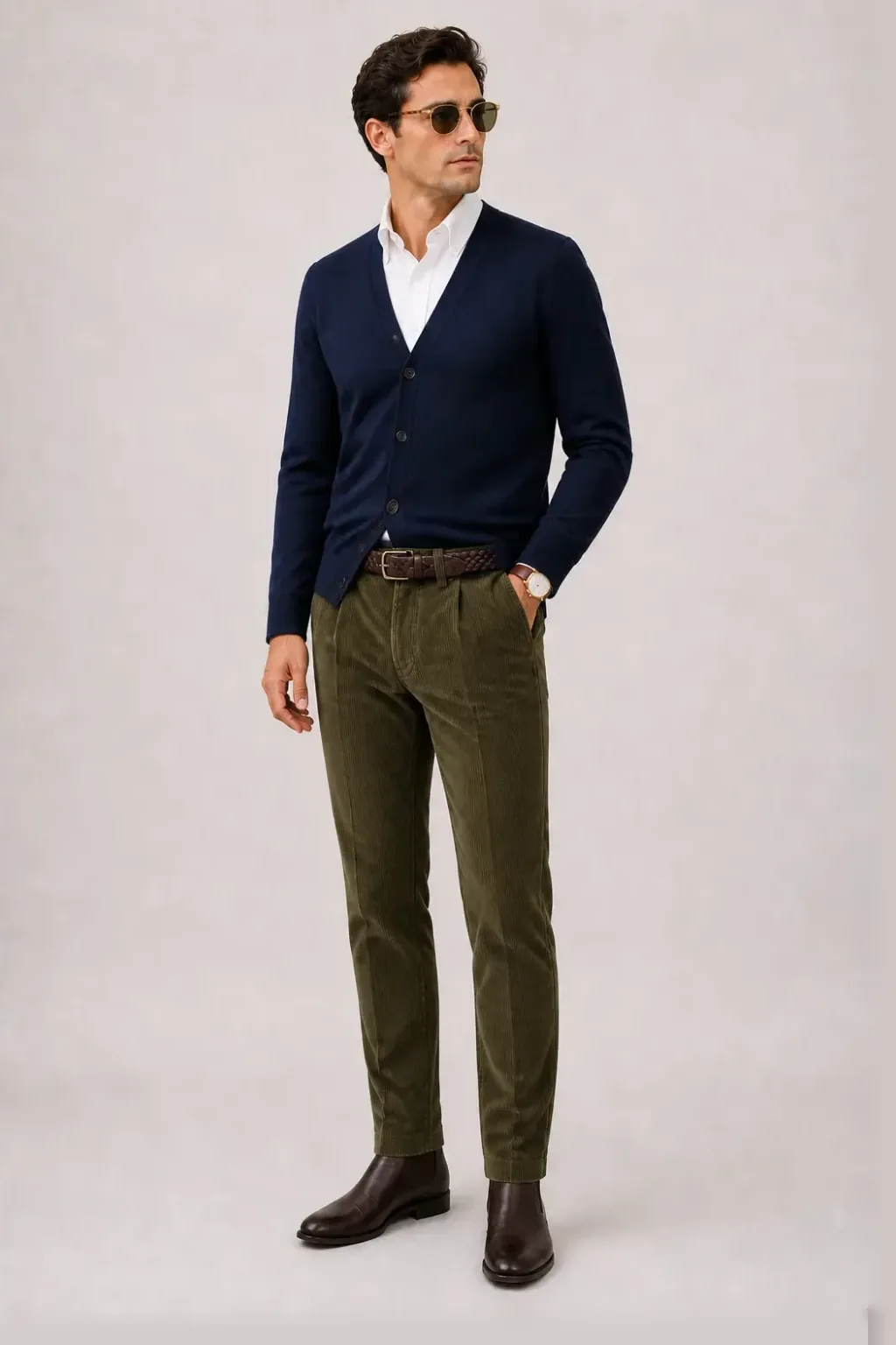 Cardigan Navy über Button-Down-Hemd, dazu Cordhose Oliv und Sneaker