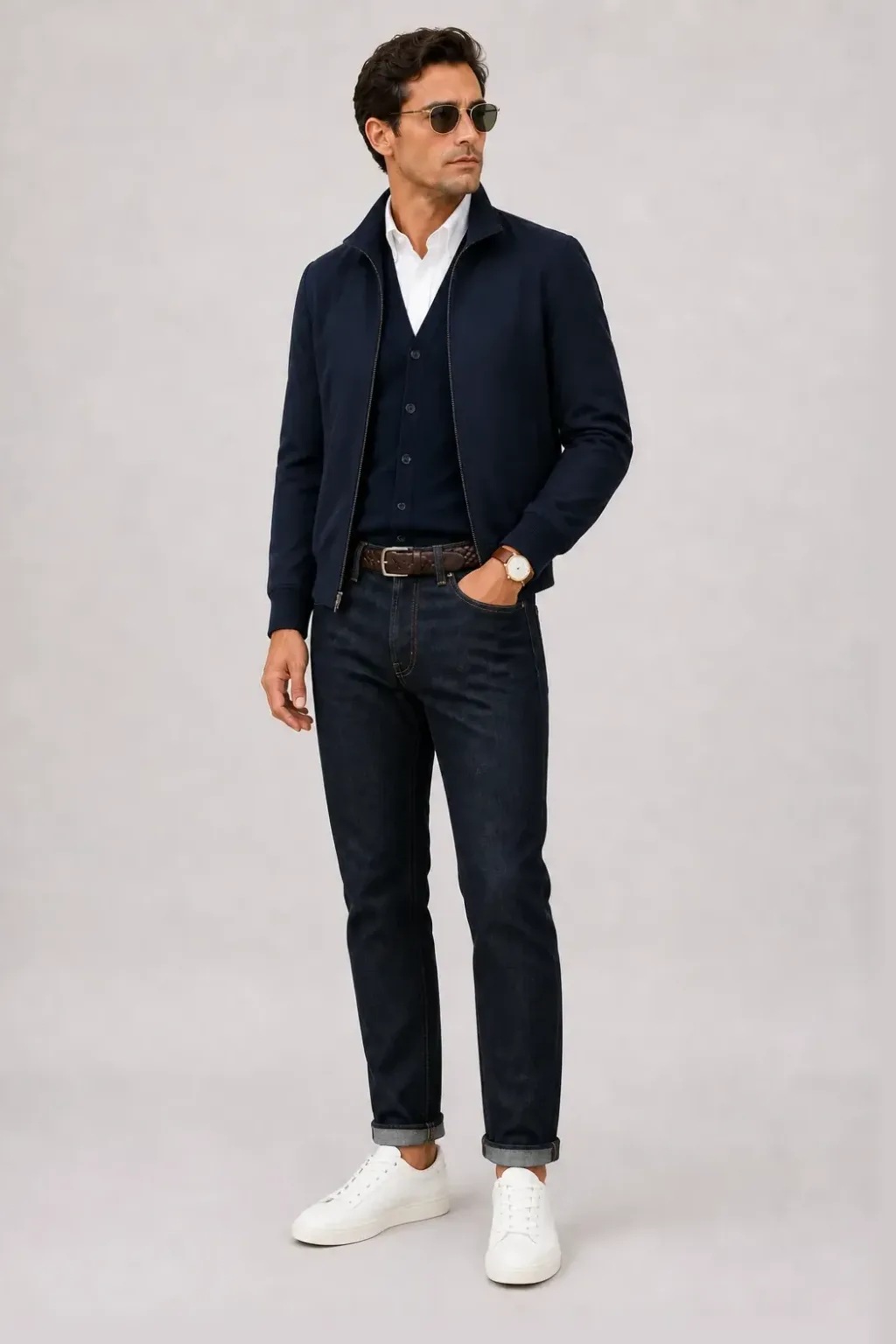 Harrington Blouson Navy über T-Shirt Weiss, dazu Jeans Navy und Sneaker — Cardigan Navy