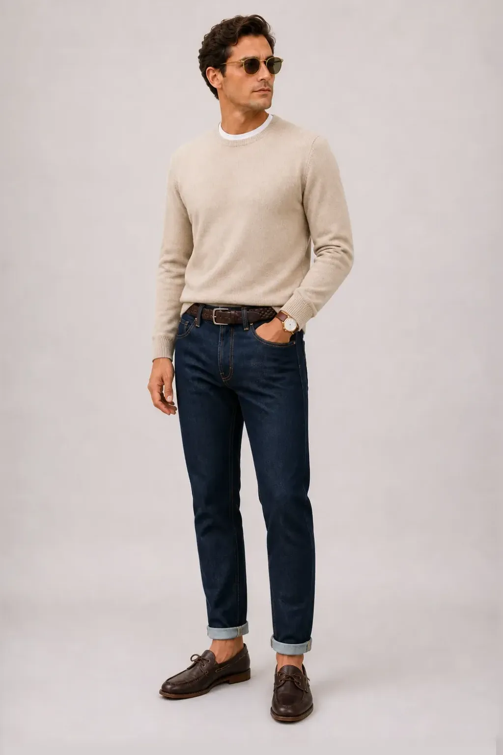 Crewneck-Pullover Feinstrick Beige über T-Shirt, dazu Jeans Navy und Bootsschuh