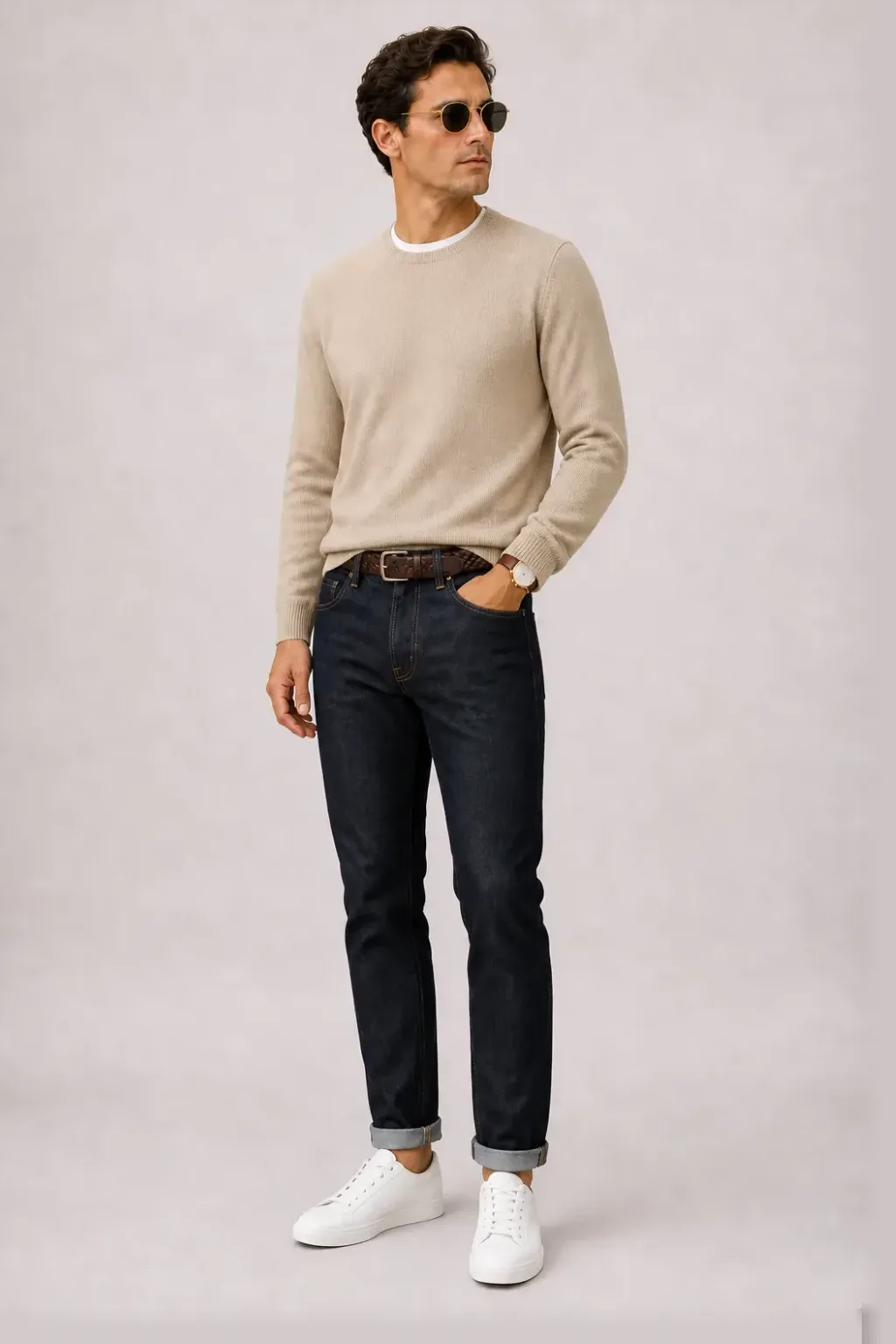 Crewneck-Pullover Feinstrick Beige über T-Shirt, dazu Jeans Navy und Bootsschuh