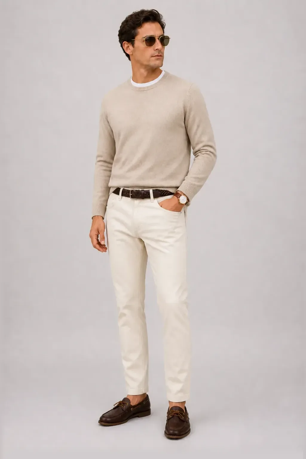 Crewneck-Pullover Feinstrick Beige über T-Shirt, dazu Chino Creme und Bootsschuh