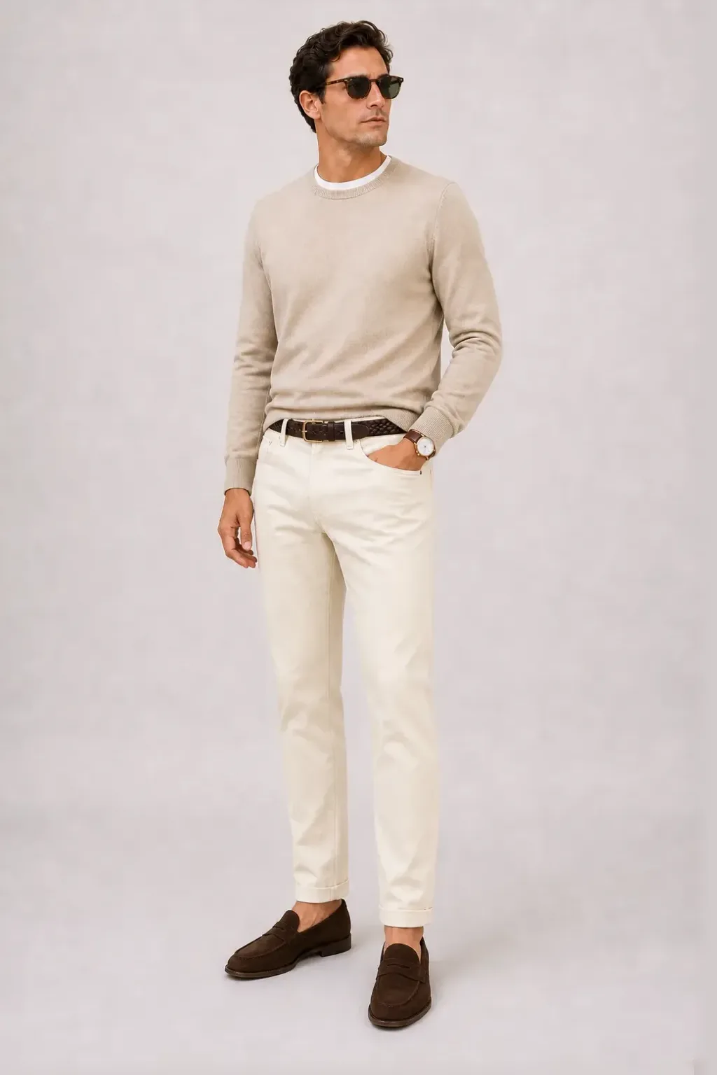 Crewneck-Pullover Feinstrick Beige über T-Shirt, dazu Chino Creme und Bootsschuh