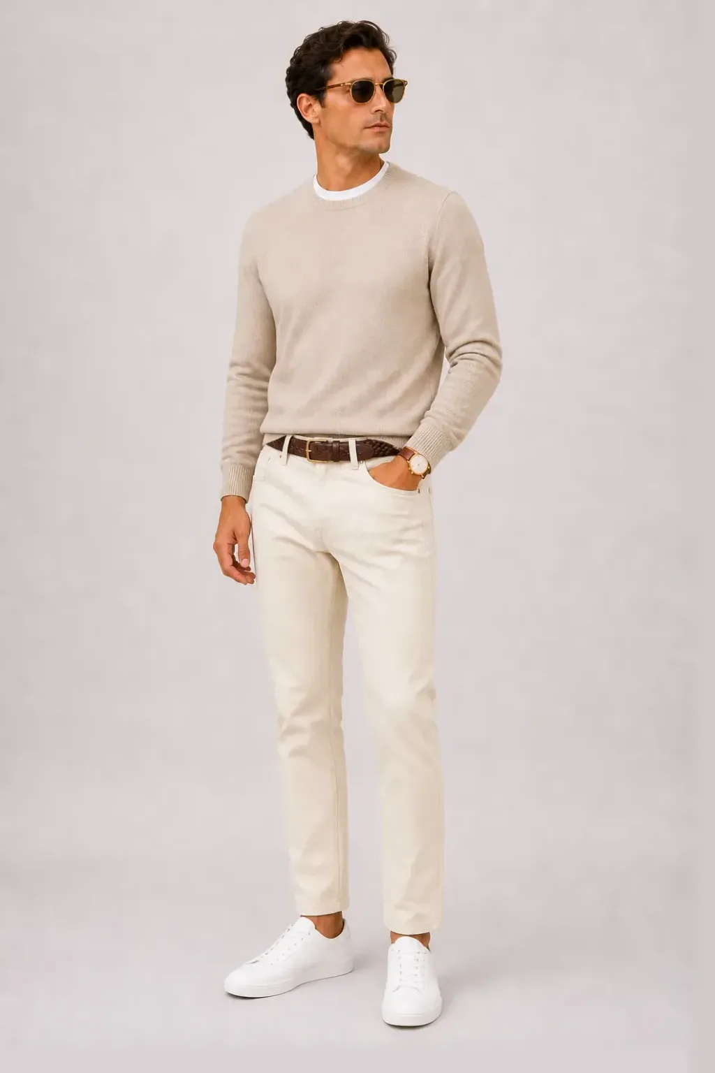 Crewneck-Pullover Feinstrick Beige über T-Shirt, dazu Chino Creme und Bootsschuh