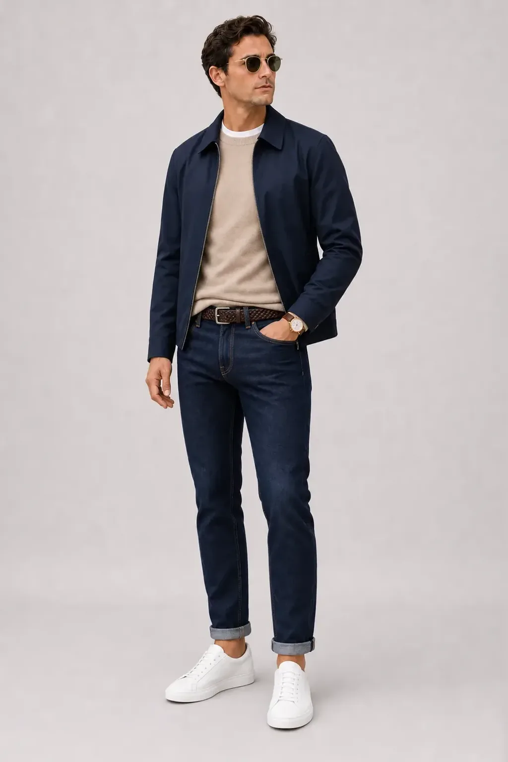 Harrington Blouson Navy über T-Shirt Weiss, dazu Jeans Navy und Sneaker — Crewneck-Pullover Feinstrick Beige