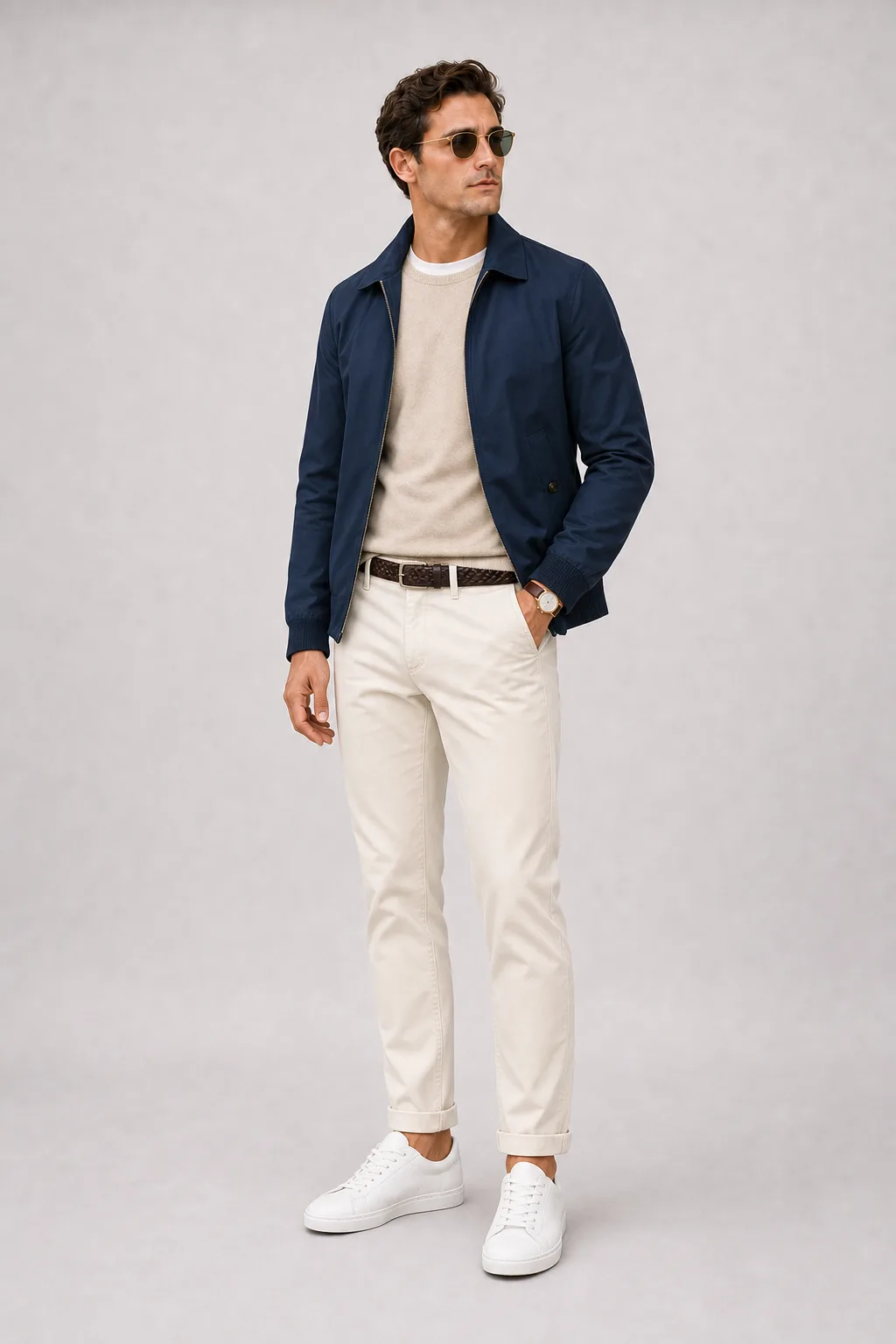 Harrington Blouson Navy über T-Shirt, dazu Chino Creme und Sneaker — Crewneck-Pullover Feinstrick Beige