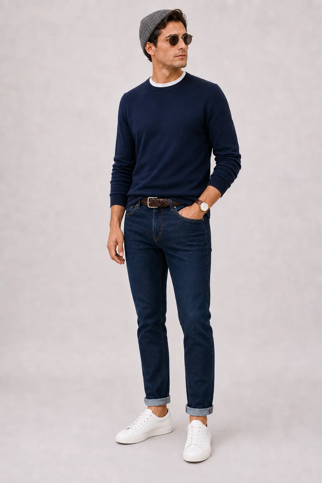 Crewneck-Pullover Feinstrick Navy über T-Shirt, dazu Jeans Navy und Sneaker