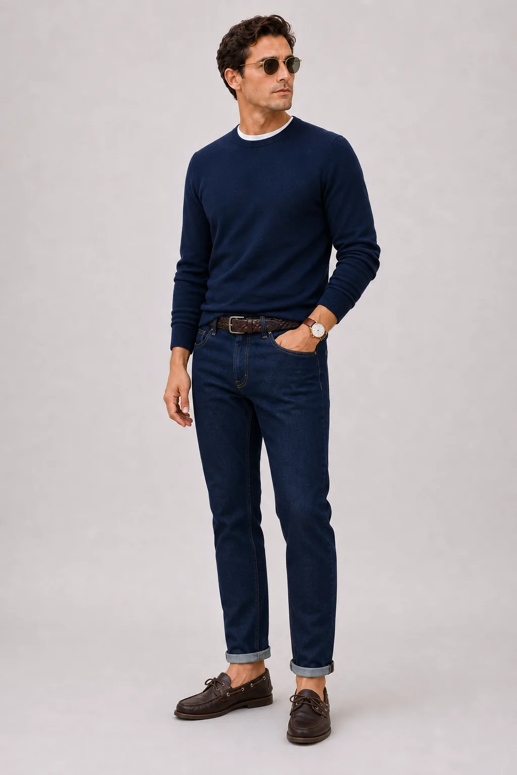 Crewneck-Pullover Feinstrick Navy über T-Shirt, dazu Jeans Navy und Sneaker