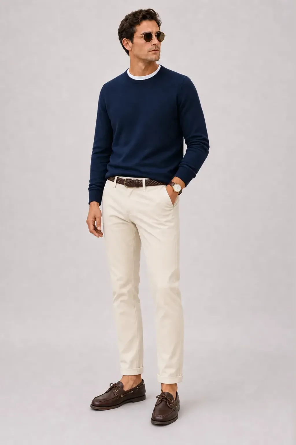 Crewneck-Pullover Feinstrick Navy über T-Shirt, dazu Chino Creme und Bootsschuh