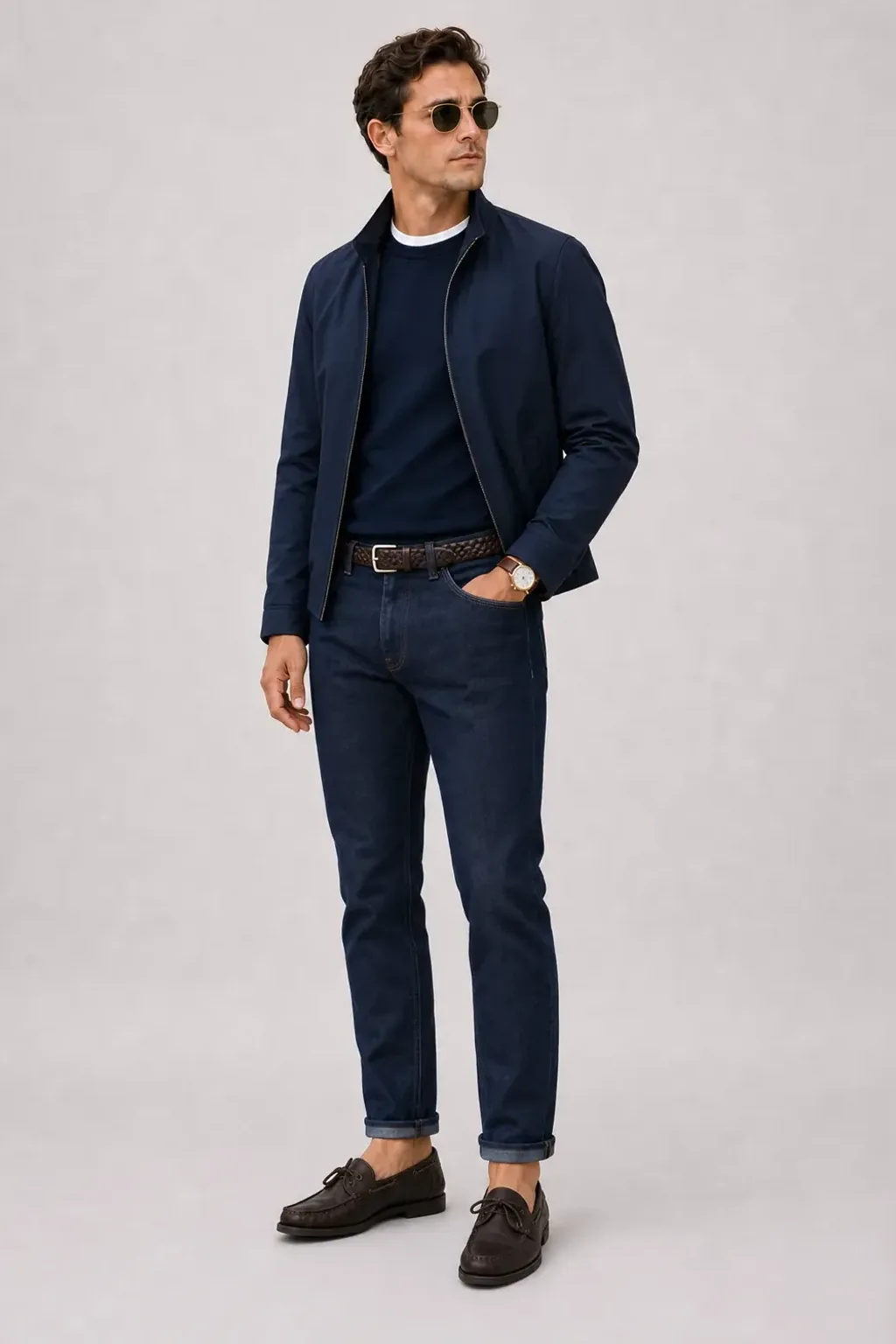 Harrington Blouson Navy über Cardigan, dazu Jeans Navy und Bootsschuh — Crewneck-Pullover Feinstrick Navy