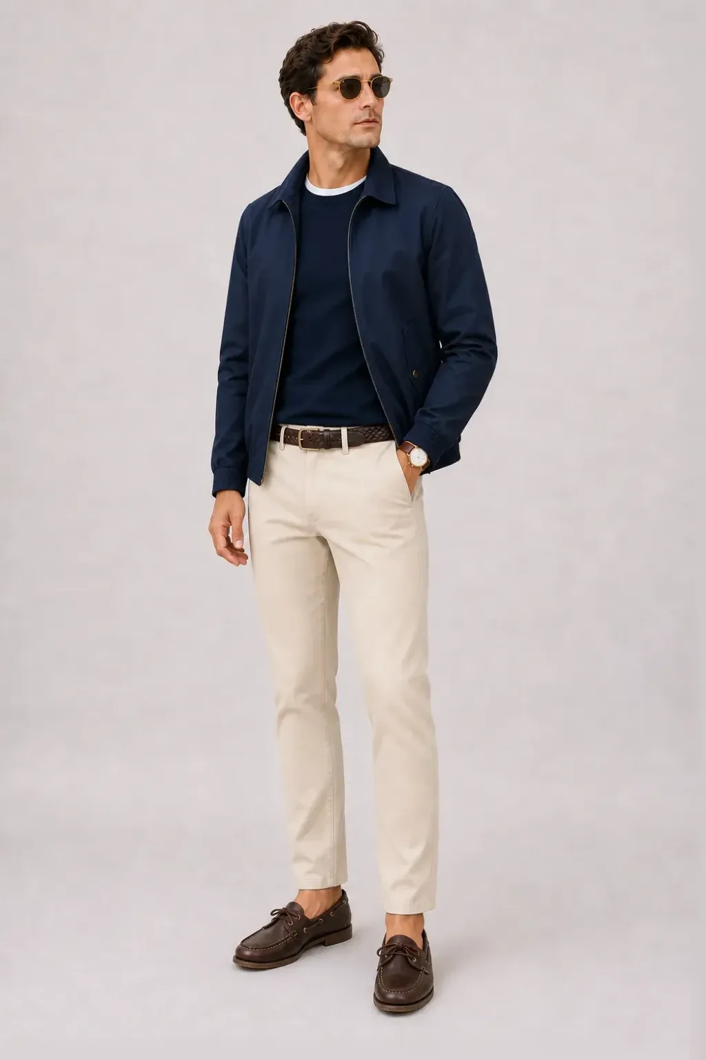 Harrington Blouson Navy über Cardigan, dazu Chino Creme und Bootsschuh — Crewneck-Pullover Feinstrick Navy
