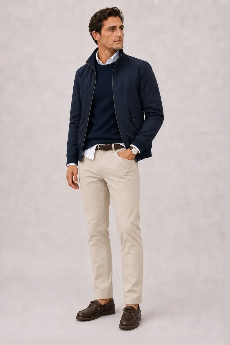Harrington Blouson Navy über Crewneck-Pullover Feinstrick Navy und T-Shirt Weiss, dazu Chino Creme und Bootsschuh — Button-Down-Hemd Weiss
