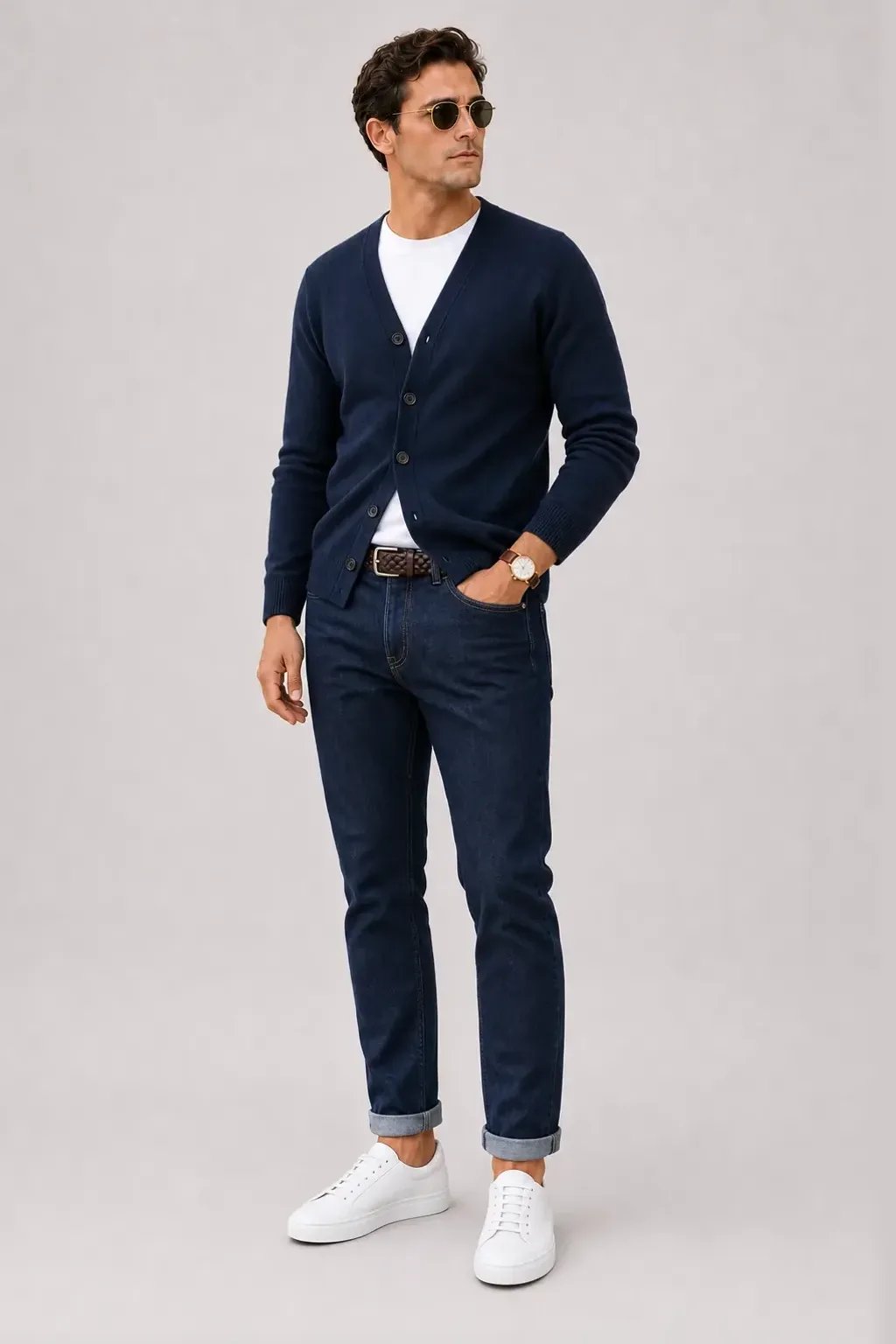 Cardigan Navy über T-Shirt Weiss, dazu Jeans Navy und Sneaker
