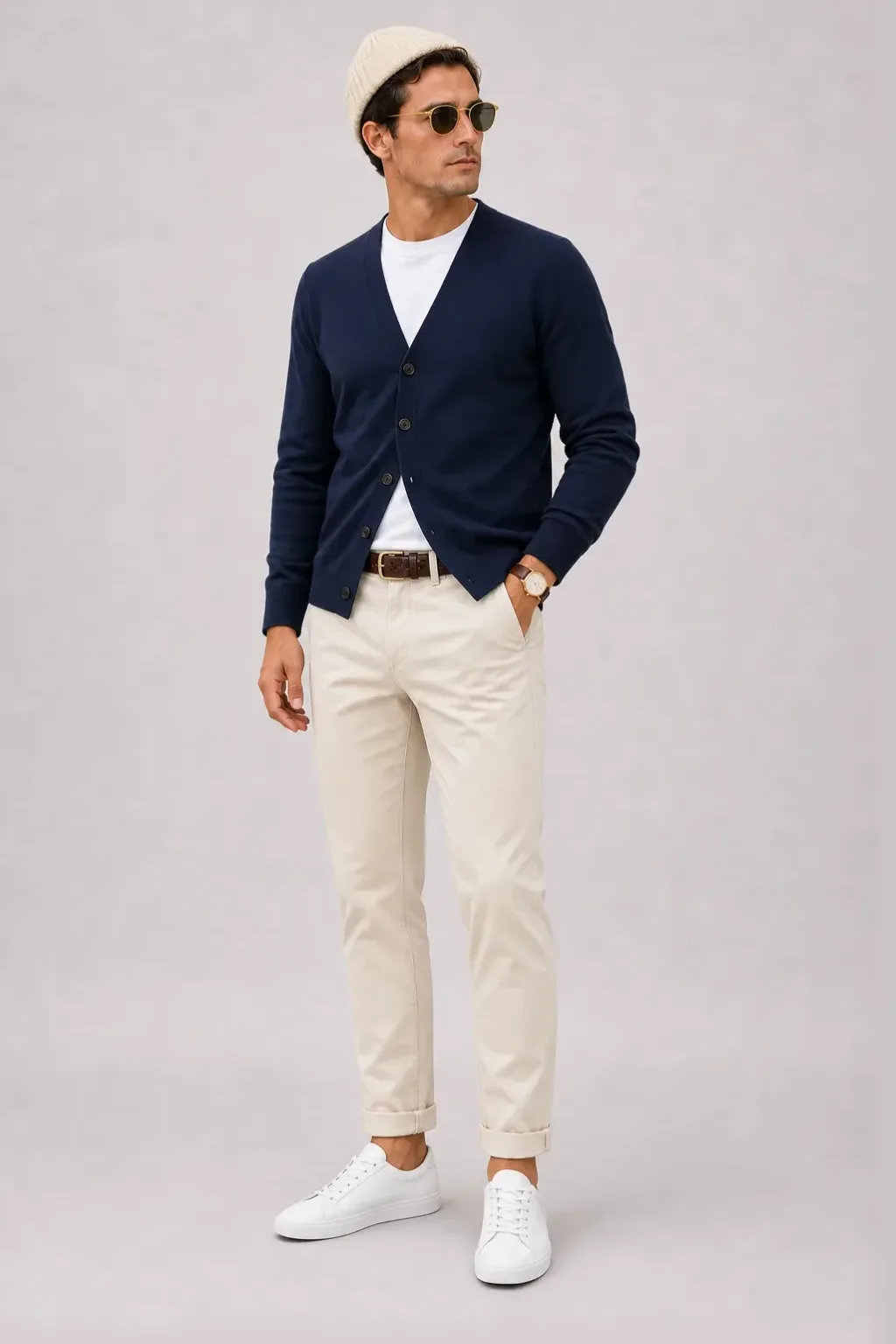 Cardigan Navy über T-Shirt, dazu Chino Creme und Sneaker