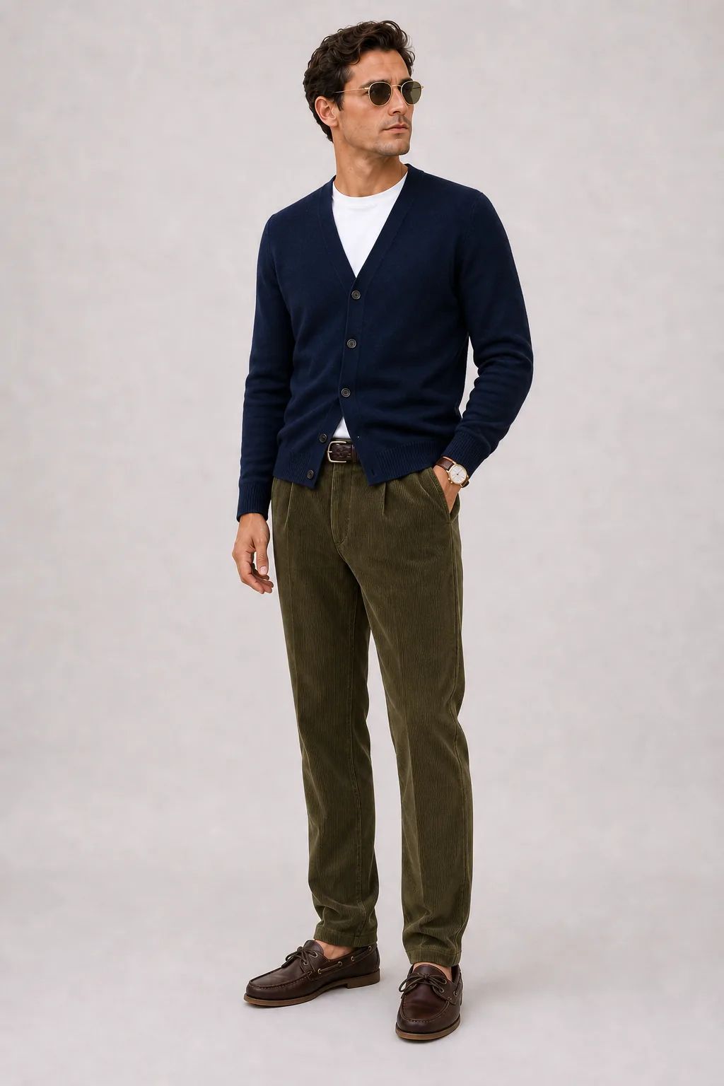 Cardigan Navy über T-Shirt, dazu Cordhose Oliv und Bootsschuh