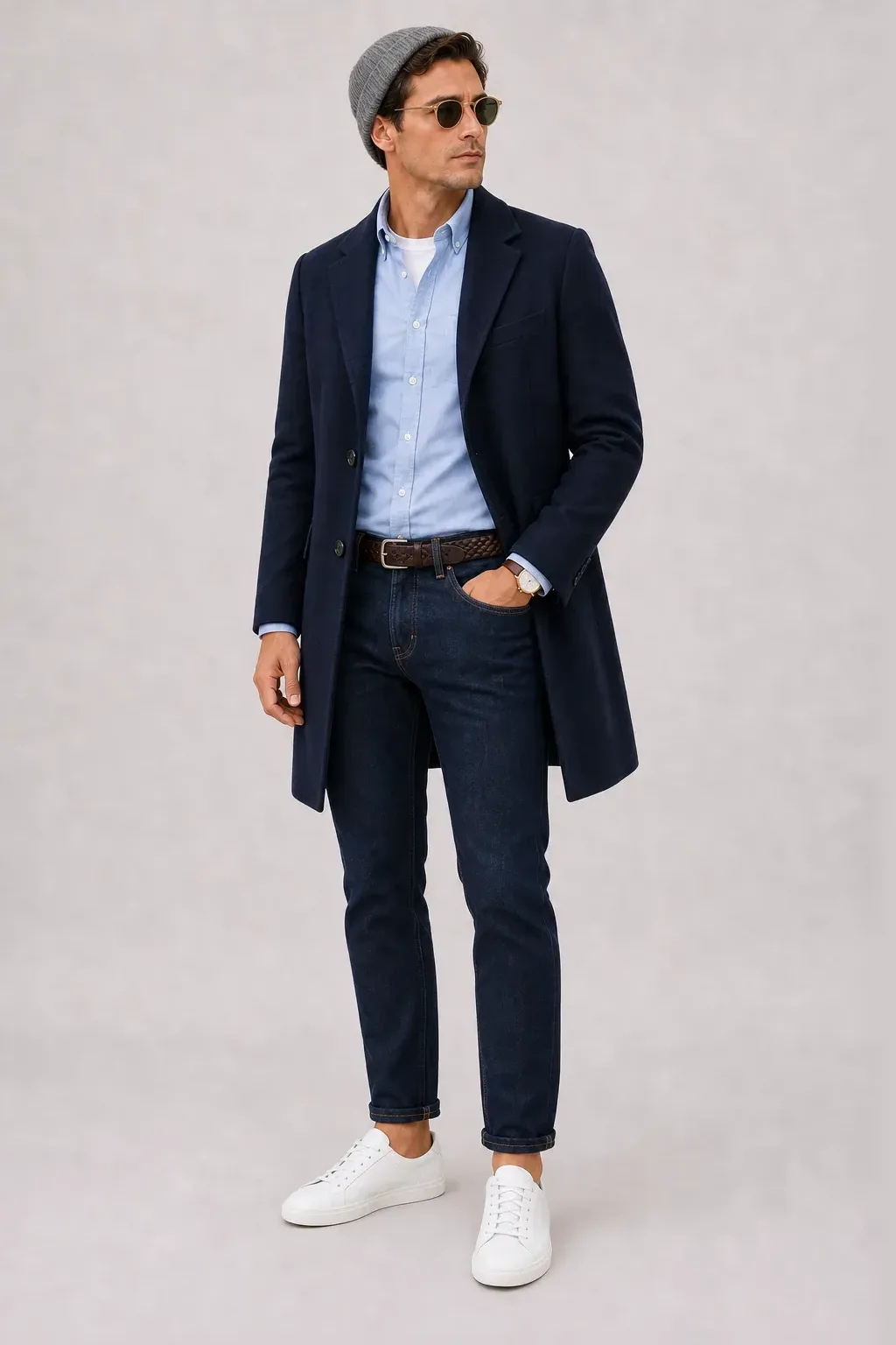Langer Mantel Navy über Cardigan, dazu Jeans Navy und Sneaker — Button-Down-Hemd Hellblau