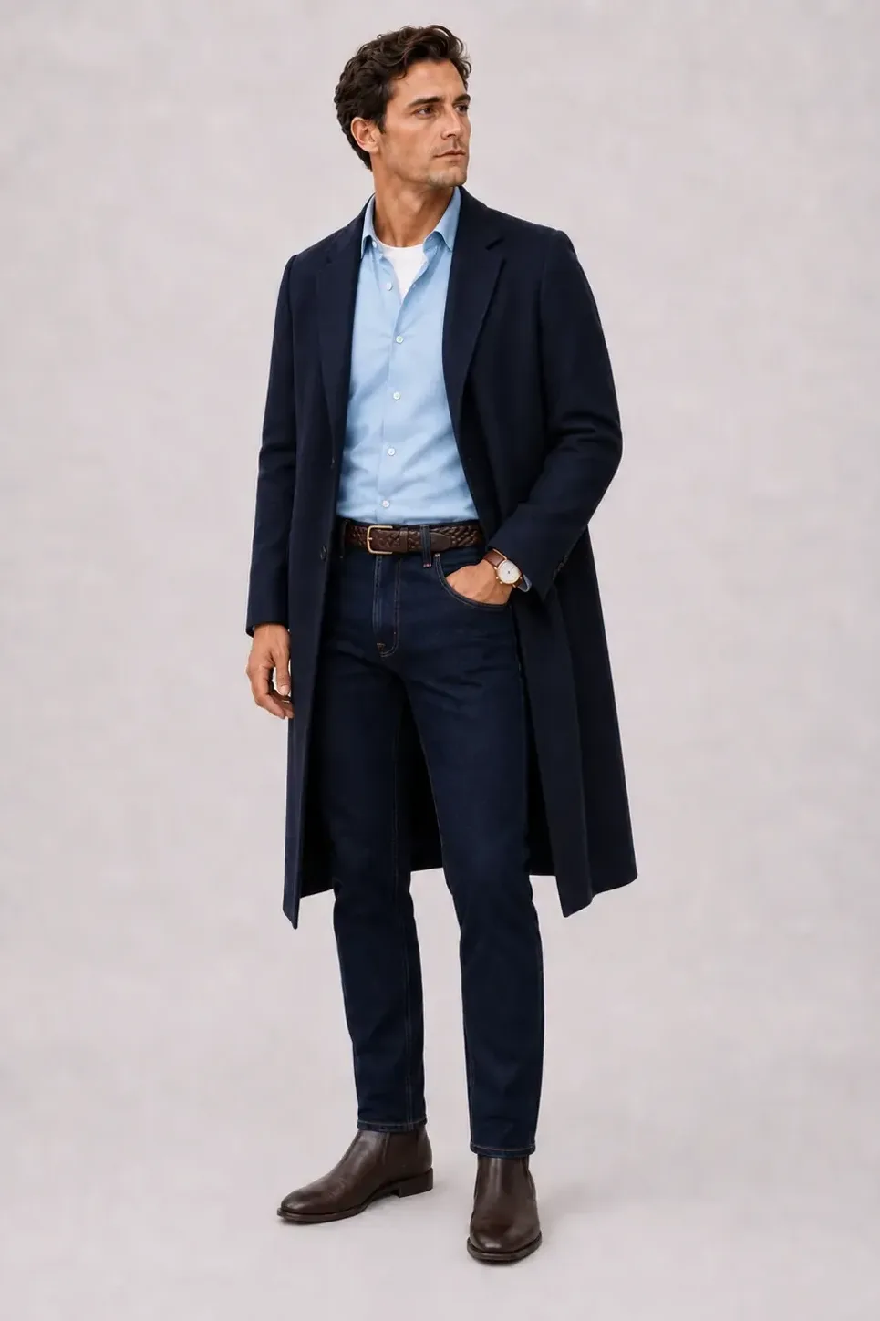 Langer Mantel Navy über Button-Down-Hemd Hellblau und T-Shirt Weiss, dazu Jeans Navy und Sneaker