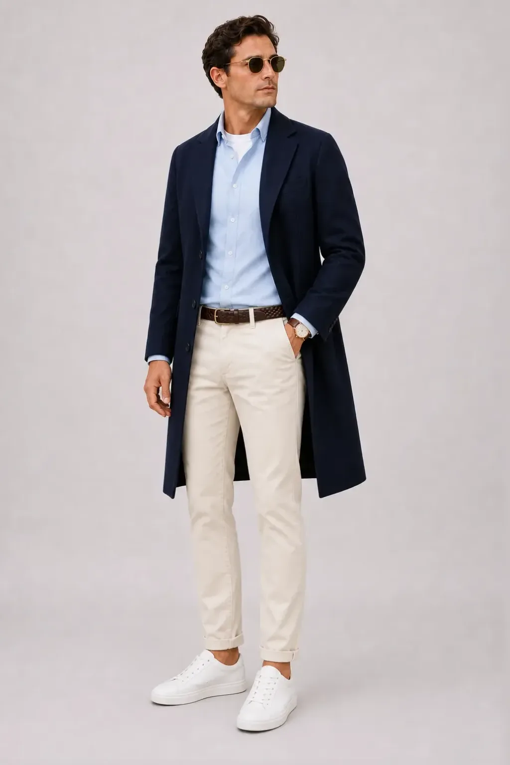 Langer Mantel Navy über Button-Down-Hemd, dazu Chino Creme und Sneaker