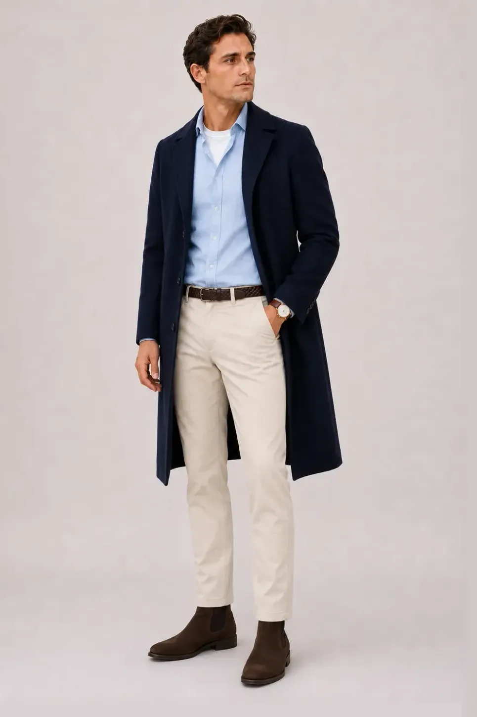 Langer Mantel Navy über Button-Down-Hemd, dazu Chino Creme und Sneaker