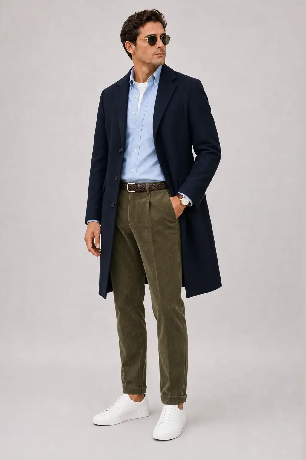 Langer Mantel Navy über Crewneck-Pullover Feinstrick Navy und Button-Down-Hemd Weiss, dazu Cordhose Oliv und Sneaker — Button-Down-Hemd Hellblau