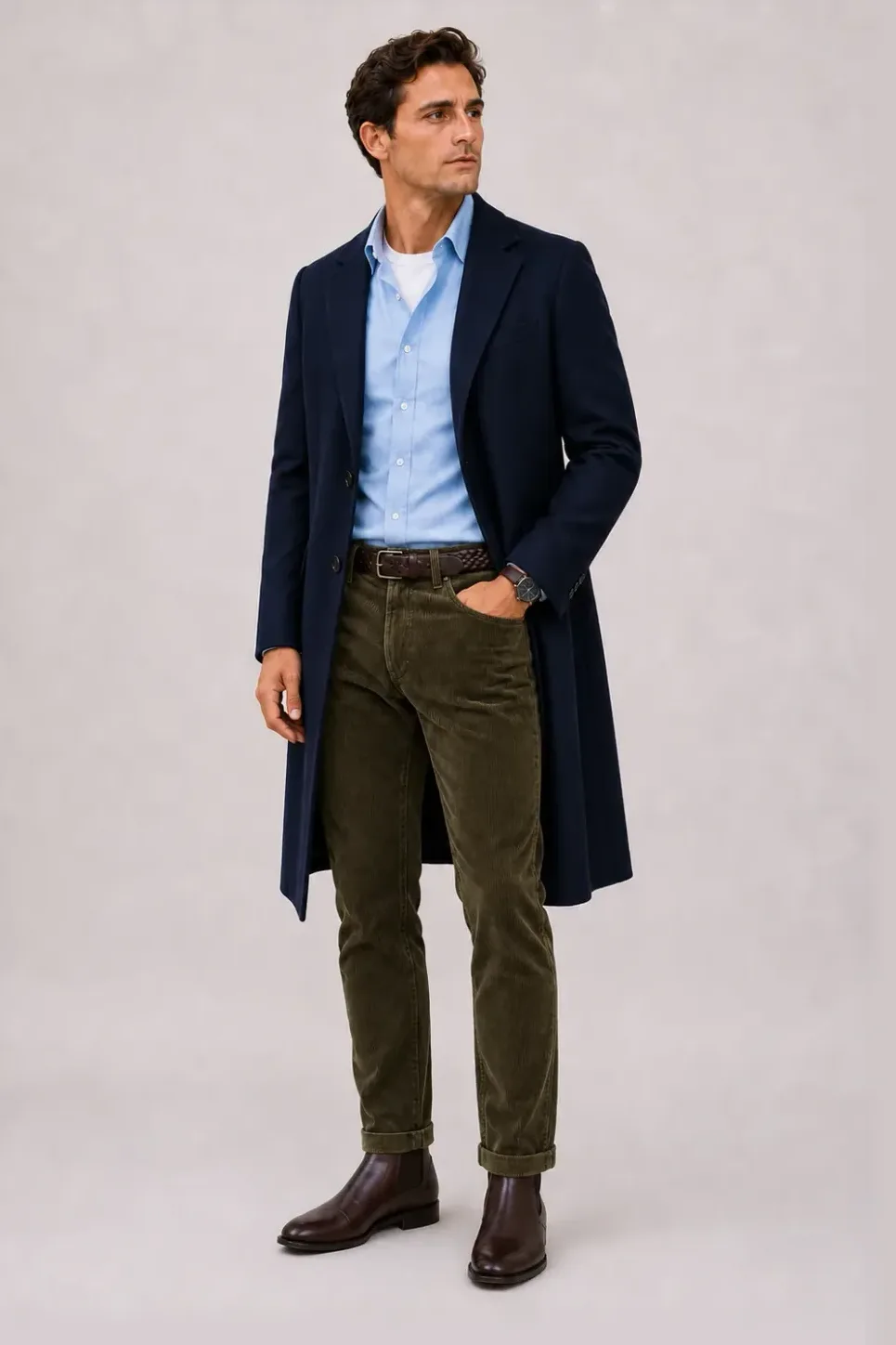 Langer Mantel Navy über Button-Down-Hemd Hellblau und T-Shirt Weiss, dazu Cordhose Oliv und Sneaker