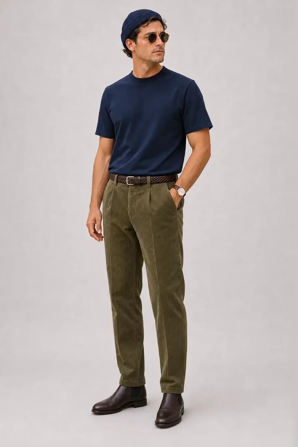 T-Shirt Weiss, dazu Cordhose Oliv und Chelsea Boot — T-Shirt Navy