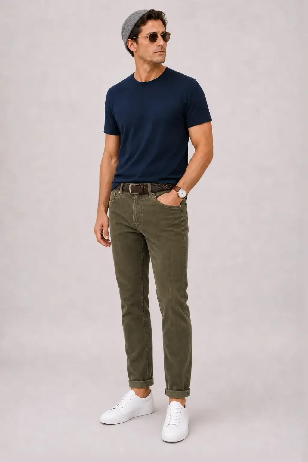 T-Shirt Navy, dazu Cordhose Oliv und Chelsea Boot