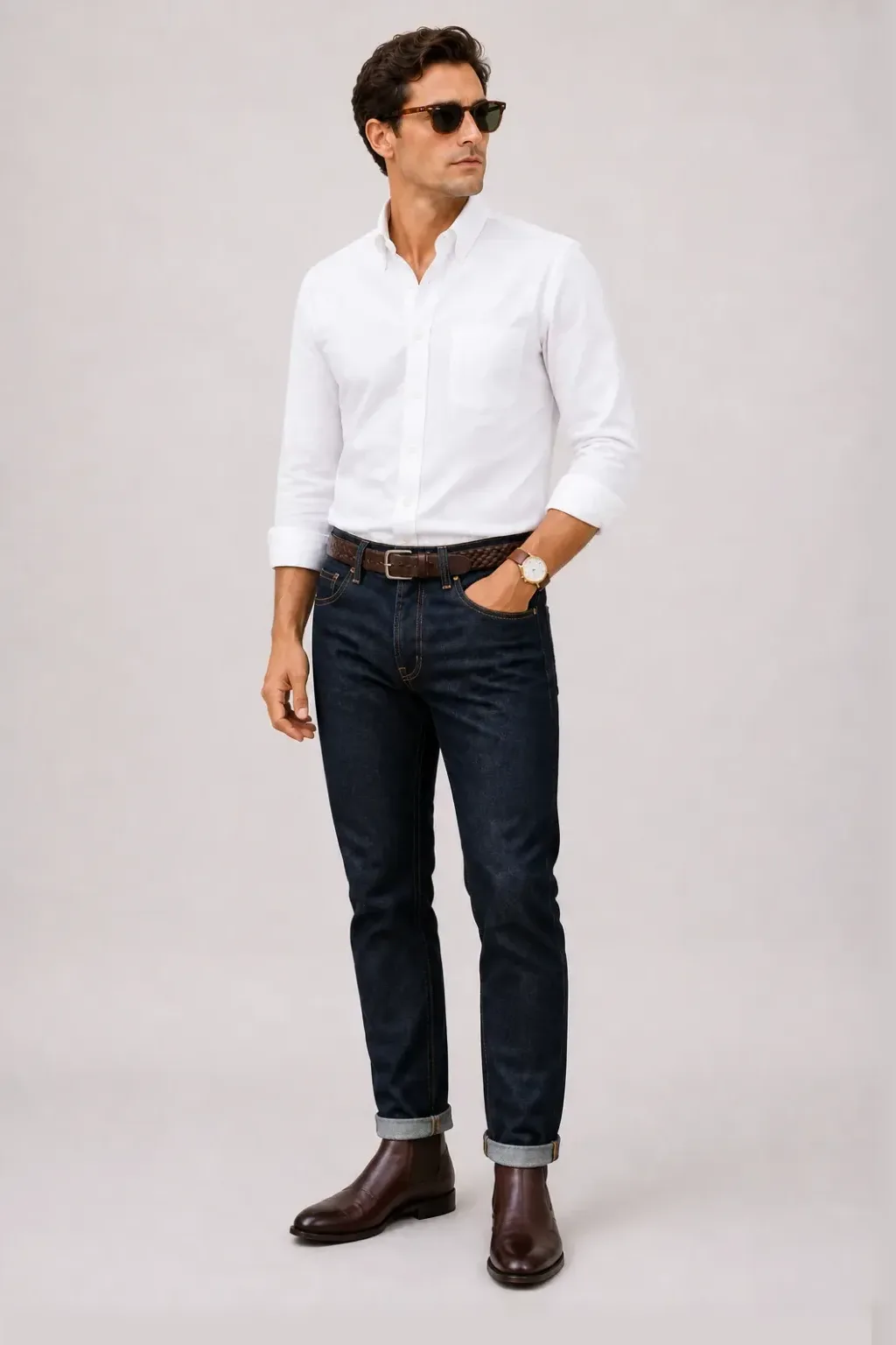 Button-Down-Hemd Weiss, dazu Jeans Navy und Chelsea Boot