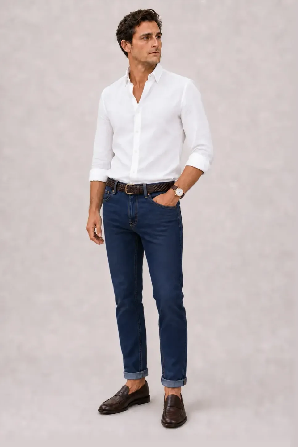 Button-Down-Hemd Weiss, dazu Jeans Navy und Chelsea Boot